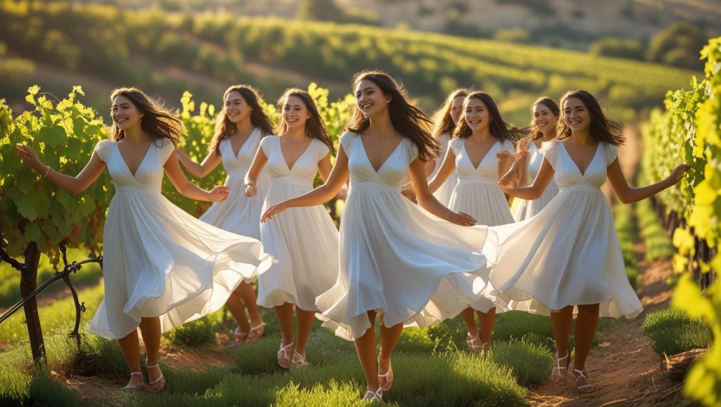 young unmarried women would dress in white and go out to dance in the vineyards of Jerusalem. 
