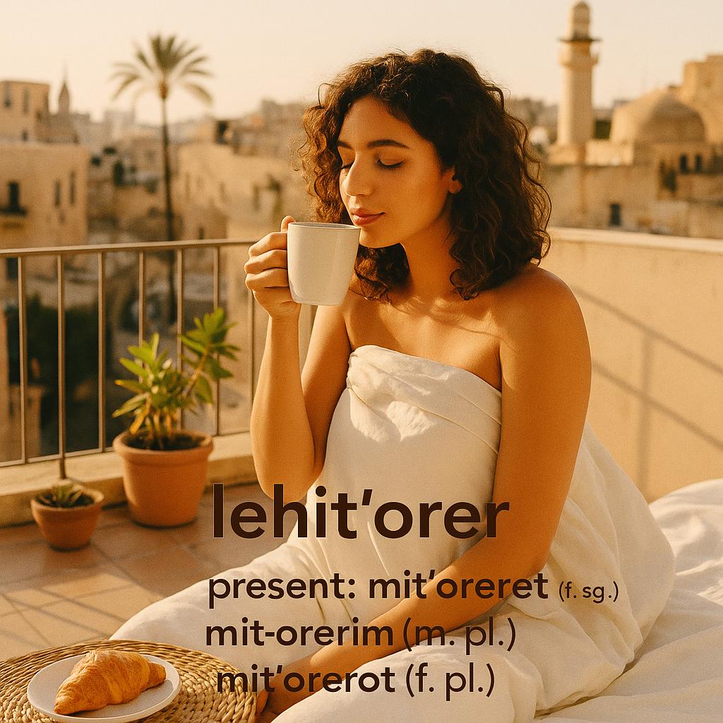 1 Minute Hebrew-להתעורר,lehit’orer — present: mit’orer (m. sg.), mit’oreret (f. sg.), mit’orerim (m. pl.), mit’orerot (f. pl.)