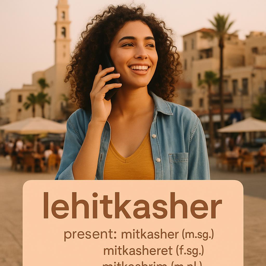1 Minute Hebrew-להתקשר,lehitkasher — present: mitkasher (m.sg.), mitkasheret (f.sg.), mitkashrim (m.pl.), mitkashrot (f.pl.)